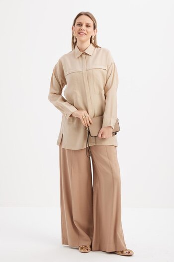ALLDAY Beige-Pocket Hidden Placket Shirt Tunic