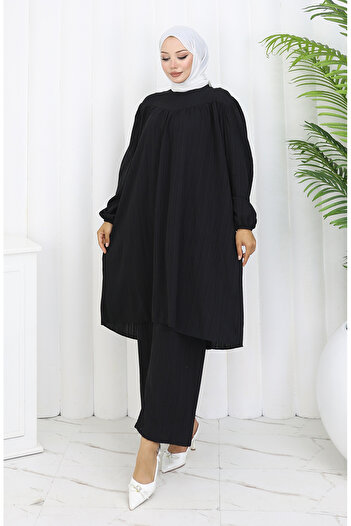 sefamerve Gathered Tunic Pants Double Set 2089-01 Black