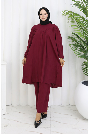 sefamerve Drawstring Tunic Trousers Double Set 2089-02 Cherry