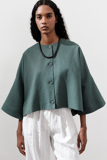 Manuka Linen Wide Sleeve Short Jacket Petrol Green