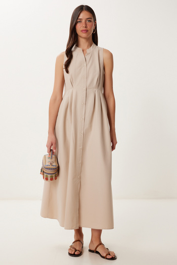 Lovelyİstanbul Rochie cămașă midi din poplin fără mâneci CREAM LMX0093