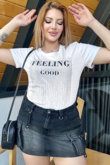 RICH GLAM Crystal Stone Plus Size Crew Neck Short Sleeve Cotton Stylish Women's T-Shirt T-Shirt