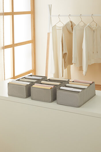 Ocean Home Textile 3 Pieces 7 Compartments Gray Herringbone Drawer Accordion Type Folding Organizer Set