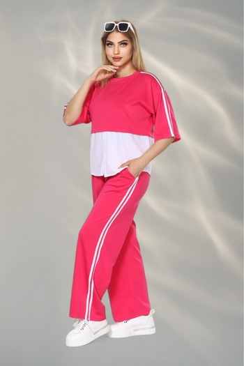 NEWCO Women's Sporty-Chic Suit – Button Detailed Top & Side Stripe Pants