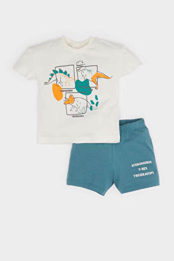 DeFacto Dinosaur Printed Ecru Baby Boy Bottom-Top Set E2798A5/Er85