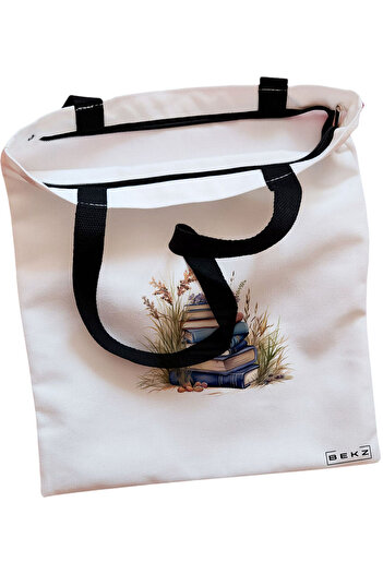 BEKZ Sacosa Textila Cu Fermoar, Geanta Tote, Model Abstract Connection, 38x34.5 Cm, Alba, ®