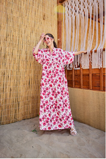 LOCCO Women's Ethnic Floral Patterned Dress Fuchsia