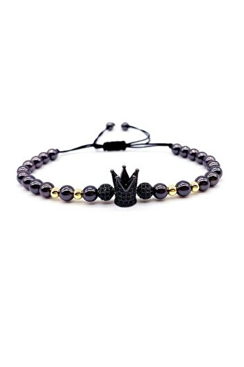 Tessero Brățară cu mărgele din oțel inoxidabil, model unisex de lux cu coroană, placată cu aur de 18K și negru