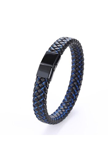 Tessero - Men's Bracelet in Leather, Braided, Blue Stitch, Magnetic Clasp, Black