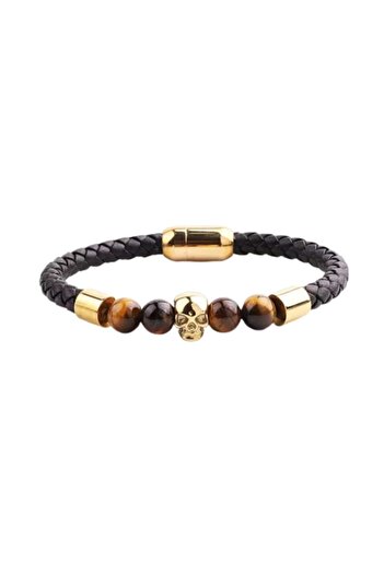 Tessero Men's Bracelet with Leather and Semi-Precious Tiger Eye Stones, Skull Model, Magnetic Clasp,