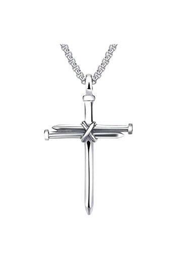 Tessero Lanț cu design cubic și pandantiv în formă de cruce, model cuie, oțel inoxidabil, culoare argintie