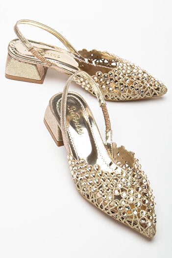 Dilimler Ayakkabı Women's Short Heeled Evening Dress Shoes Gold Knitted Stone Pointed Mold