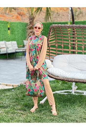 ButikKardelen Camelya Floral Patterned Full Covered Hijab Swimsuit with Bag Tk 10032