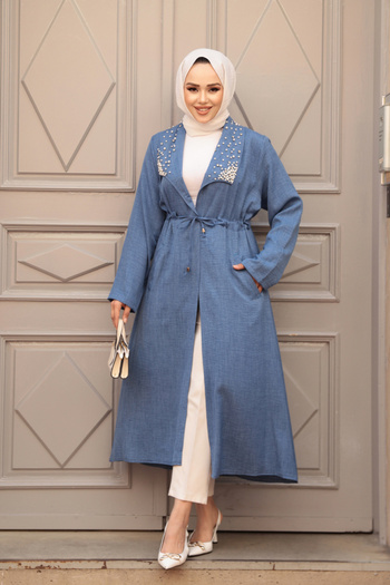 N.S NEVA STYLE Pearl Detailed Indigo Blue Hijab Cap 6714Im