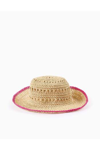 Ziddy Straw Hat with Trim for Girls, Beige/Pink