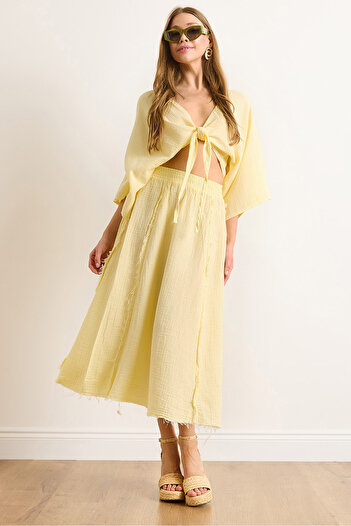 Olalook Women's Yellow Elastic Waist Dirty Stitching Muslin Skirt Etk-19000310