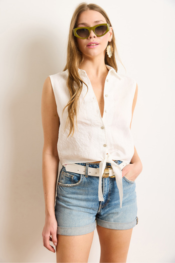 Olalook Women's White Six-Tie Transparent Striped Crop Shirt Gml-19001362