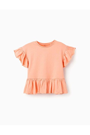 Ziddy Cotton T-shirt with Ruffles for Girls, Coral