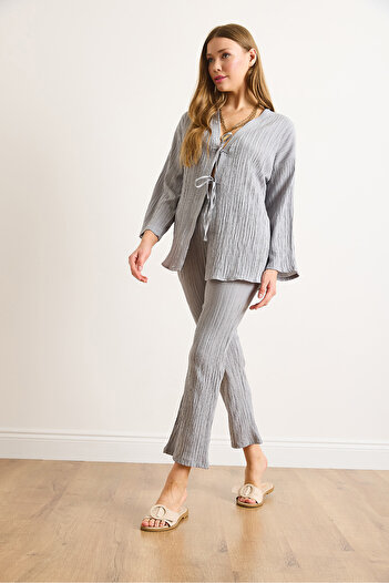 Olalook Women's Gray Top Lace-Up Cardigan Bottom Pocket Pants Suit Tkm-19000404