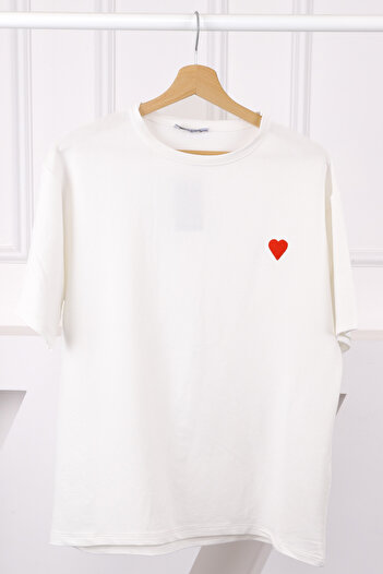 İmajButik Ecru Embroidered Short Sleeve Modal T-Shirt