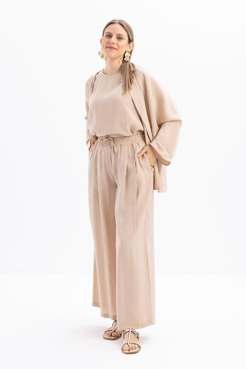 ALLDAY Beige-Elastic Waist Palazzo Modal Trousers
