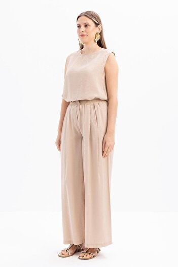 ALLDAY Beige-Elastic Waist Palazzo Modal Trousers