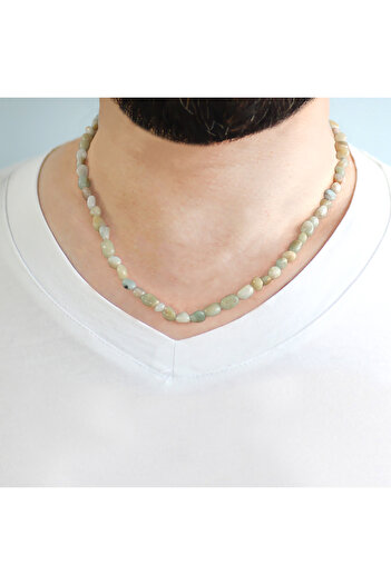 Tesbihane Silver Color Metal Chain Amorphous Amazonite Natural Stone Men's Necklace