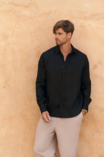 BOHEMAİ Agnola Oversize Чоловіча чорна лляна сорочка