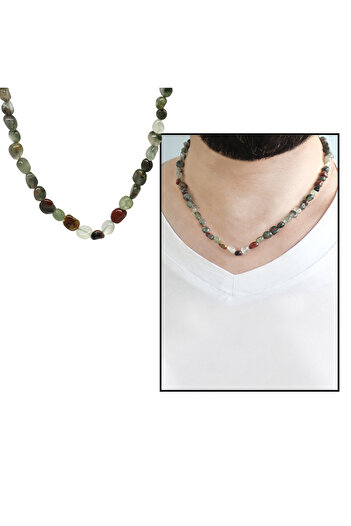 Tesbihane Silver Color Metal Chain Amorphous Bloodstone Natural Stone Men's Necklace
