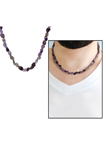 Tesbihane Silver Color Metal Chain Amorphous Amethyst Natural Stone Men's Necklace