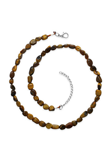 Tesbihane Silver Color Metal Chain Amorphous Tiger Eye Natural Stone Women's Necklace