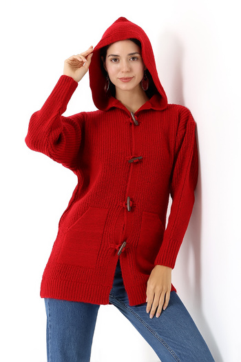 Devinka Women's Hooded Buttoned Seasonal Pocket Knitwear Cardigan Dvka-0712