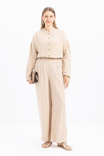 ALLDAY Beige-Pleated Wide Leg Linen Trousers