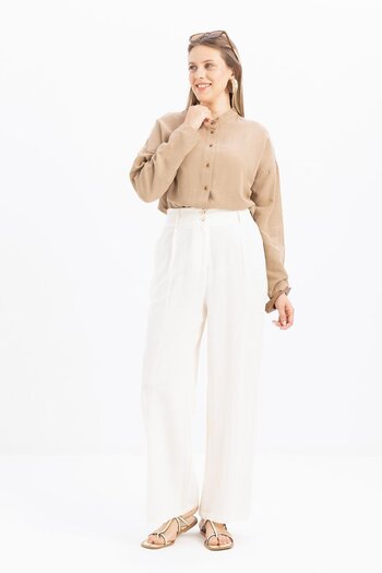 ALLDAY Ecru-Pleated Wide Leg Linen Trousers