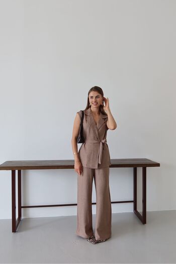Patreon Set pantaloni vestă de in cu legare în talie