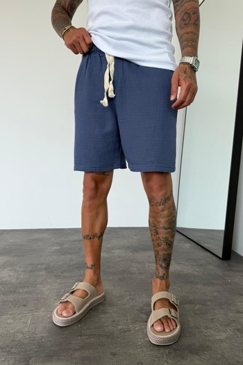 MADZEYMODA Men's Indigo Blue Elastic Waist Muslin Fabric Bermuda Shorts Ke-7002
