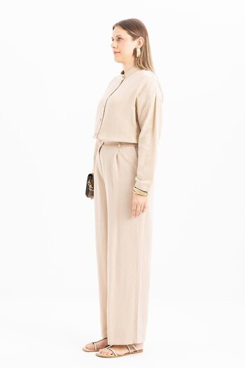 ALLDAY Beige-Pleated Wide Leg Linen Trousers