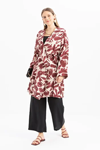 ALLDAY Burgundy-Stone-Two-Breasted Collar Patterned Belted Kimono