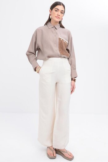 ALLDAY Stone-Broad Leg Linen Trousers
