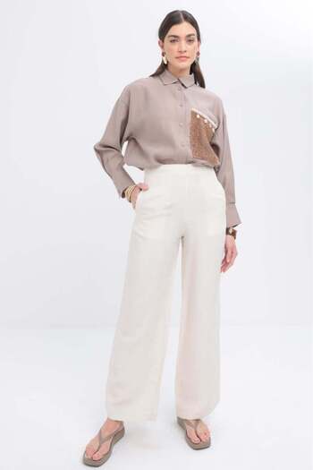 ALLDAY Stone-Broad Leg Linen Trousers