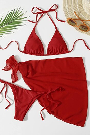 Angelsin Pareolu Tie-Up 3-Piece Bikini Set (Removable Covered)