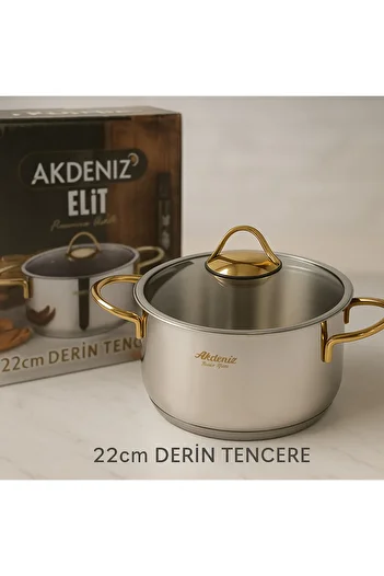 Akdeniz Elite Series 22 cm 4.25 Lt Gold Handled Stainless Steel Pot – Glass Lid, Stylish 18/10