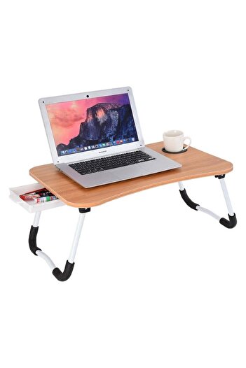 huitich Wood Laptop Desk with Drawer, Cup Holder, and Tablet Stand Beige