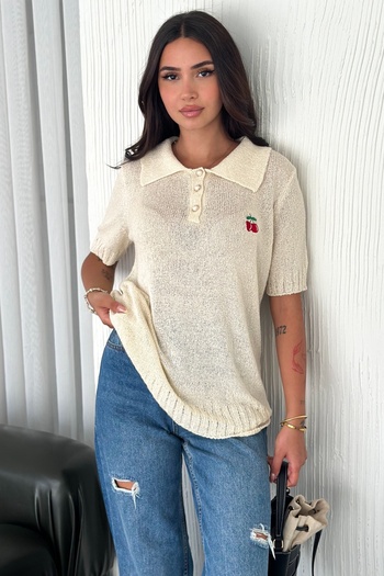 FEMELLE Women's Standard Size Ecru Knitwear Blouse Gold Button Detailed Standard Size