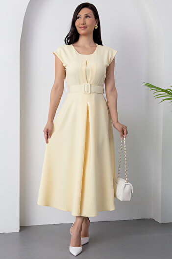 PULLIMM Crew Neck Pleated Belted Dress 2025-4236