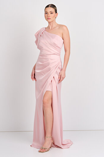 Saygın Women's One Shoulder Satin Maxi Evening Dress 5643 Powder