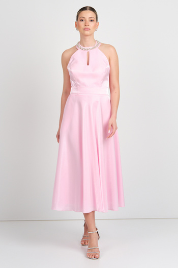 Saygın Women's Halter Neck Satin Midi Evening Dress 5624 Pink