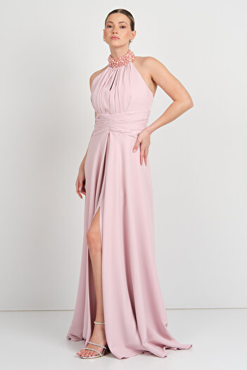 Saygın Women's Halter Neckline and Collar Stone Detailed A-Line Maxi Evening Dress 5619 Powder