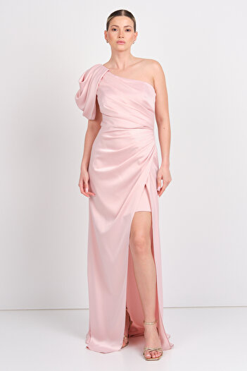 Saygın Women's One Shoulder Satin Maxi Evening Dress 5643 Powder