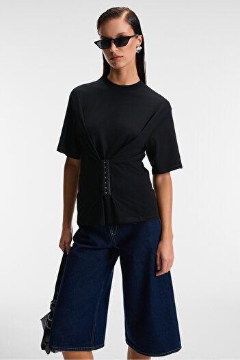 GRIMELANGE Naria Women's Crew Neck Short Sleeve Agraj Detail at Waist Relaxed Fit Black Blouse